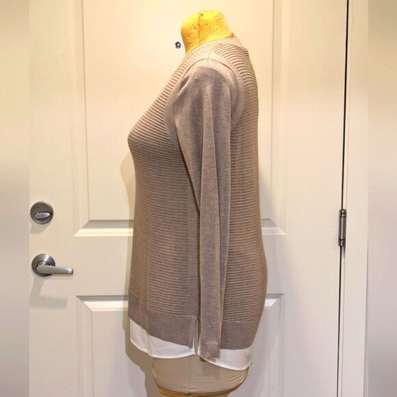 Hilary Radley L Tan Rib Knit Cotton Blend Faux Dress Shirt Bottom Sweater - Picture 3 of 8